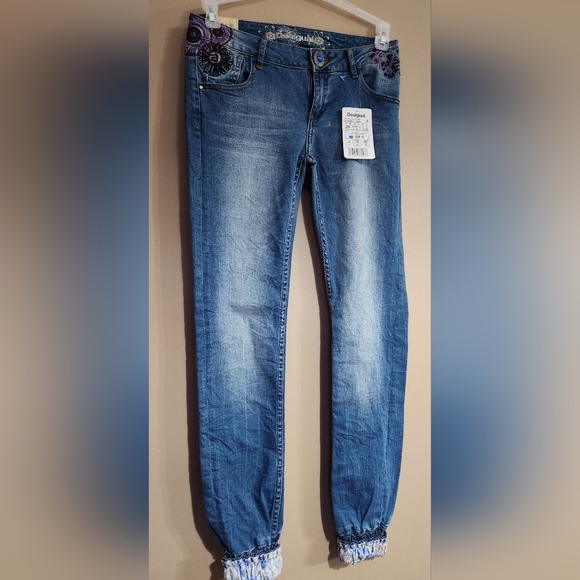 DESIGUAL NWT Flower Embroidered Straight Leg W/ankle Elastic Jeans BOHO Hippie - Picture 13 of 16
